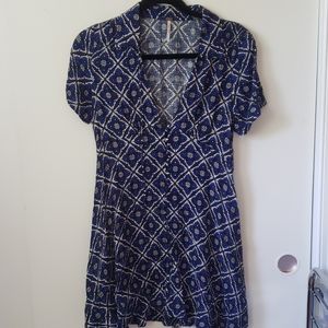 Free People Blue and White Pattern Button Up Dress